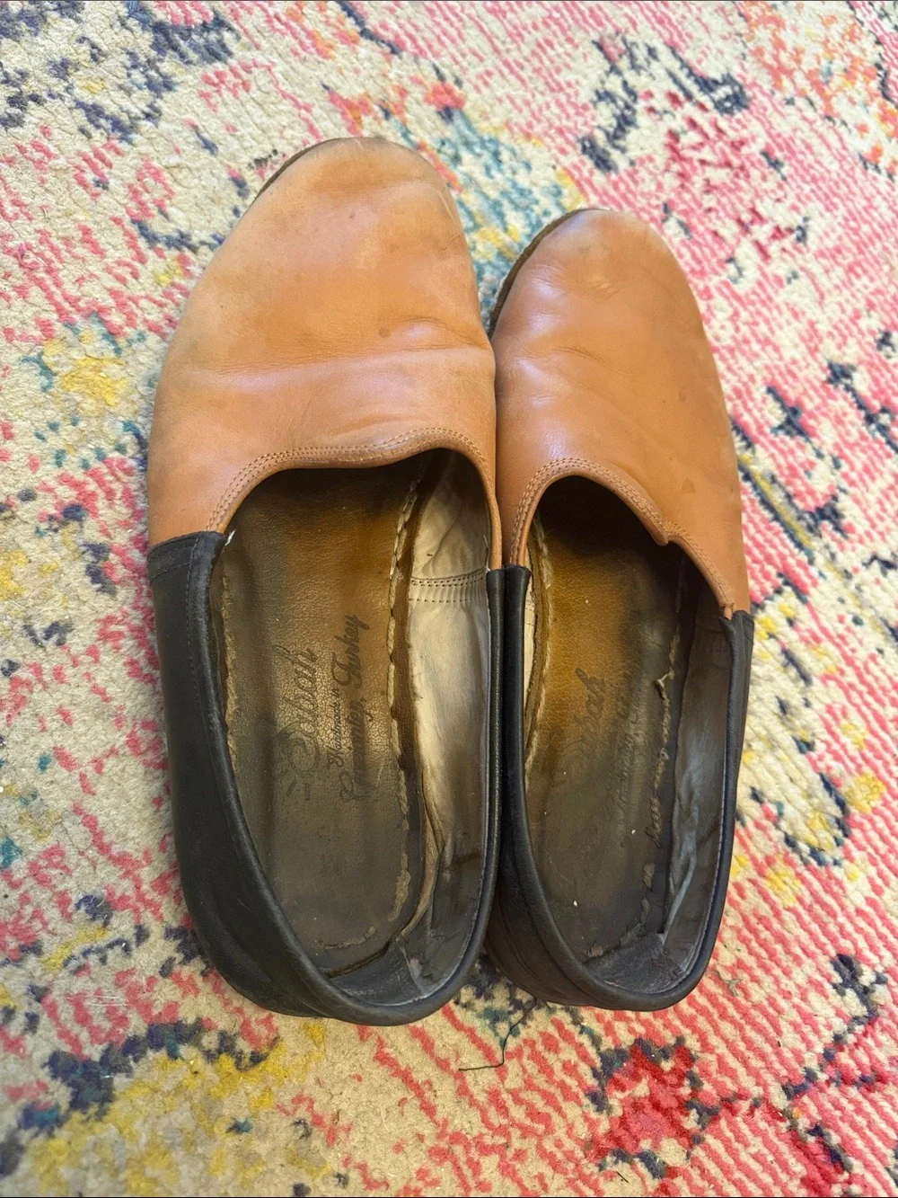 Sabah Men's Two-Tone Tan and Dark Brown Leather Slip-On Loafers 43
